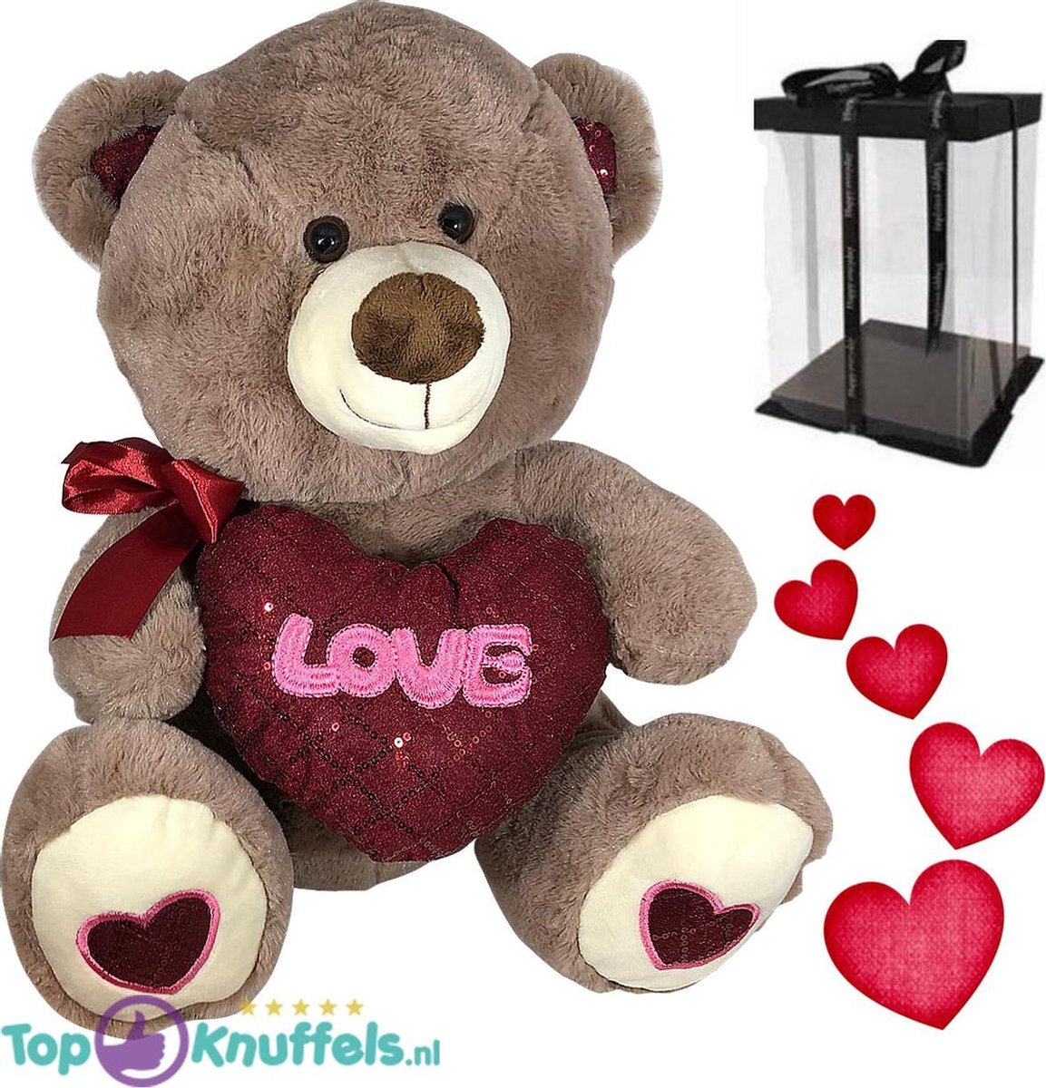 Teddybeer met hart ‘Love’ (Donkergrijs) 26cm + Liefdes Geschenkdoos | Ik hou van jou / I Love you Knuffelbeer Geschenkdoos |Valentijnsdag cadeau | Love Teddy Beer